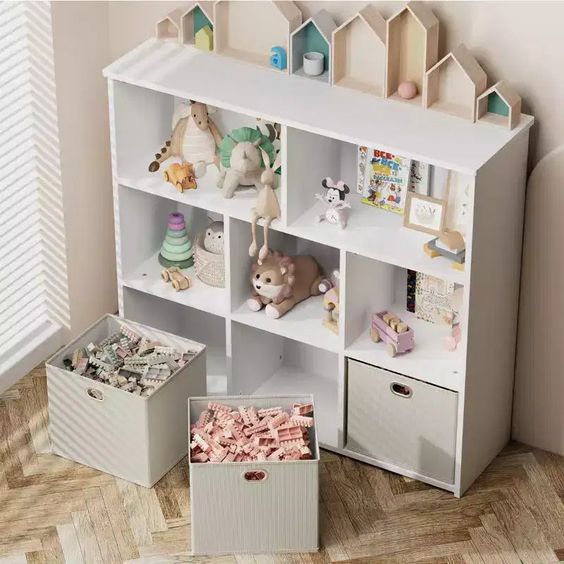 GOTGELIF Scaffale per Libri e Contenitore Giocattoli per Bambini - Legno Massello, Scaffale a 3 Ripiani, 5 Vani e 3 Cassetti