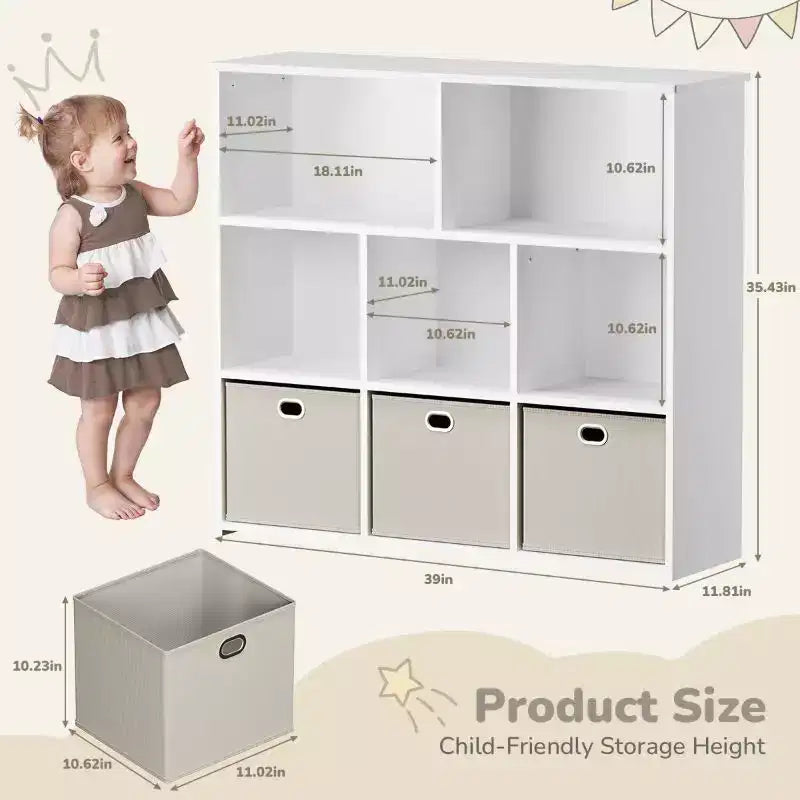 GOTGELIF Scaffale per Libri e Contenitore Giocattoli per Bambini - Legno Massello, Scaffale a 3 Ripiani, 5 Vani e 3 Cassetti