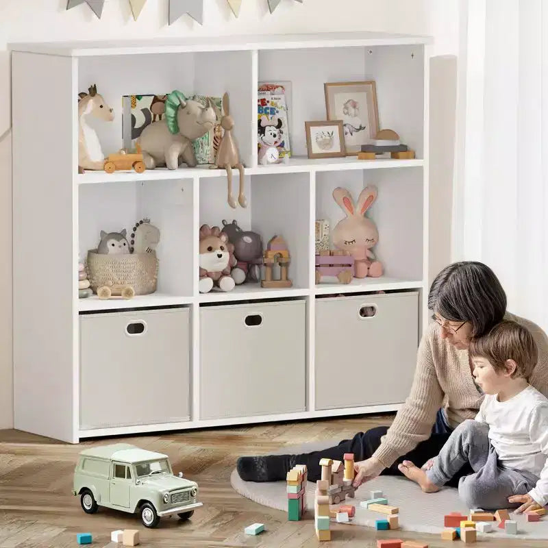 GOTGELIF Scaffale per Libri e Contenitore Giocattoli per Bambini - Legno Massello, Scaffale a 3 Ripiani, 5 Vani e 3 Cassetti