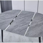 Zwart / eiken / grijs / wit – ovale uitschuifbare eettafel, metalen poten, geschikt voor maximaal 6 personen