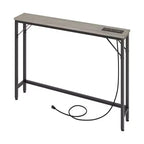 Console étroite grise avec prises, métal et MDF