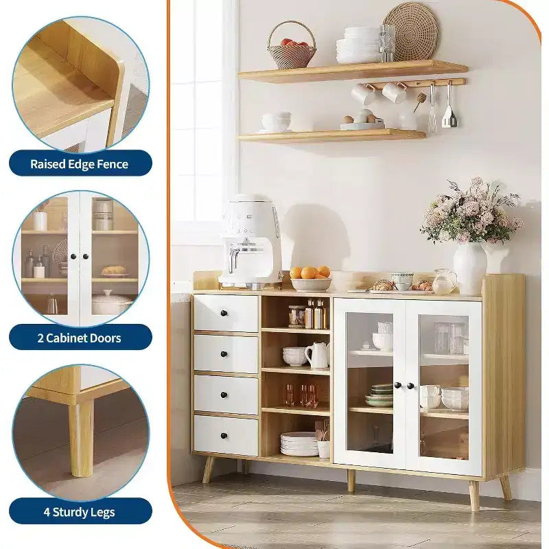 Noce / Colore legno | Mobile credenza con anta in vetro e cassetti | Montaggio 1 persona