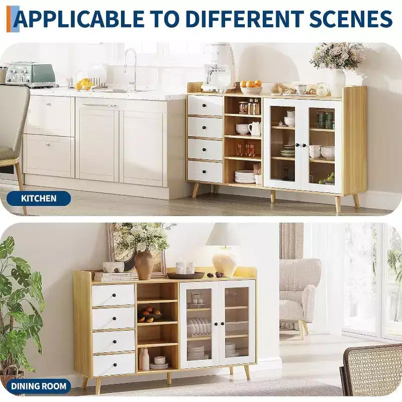 Noce / Colore legno | Mobile credenza con anta in vetro e cassetti | Montaggio 1 persona