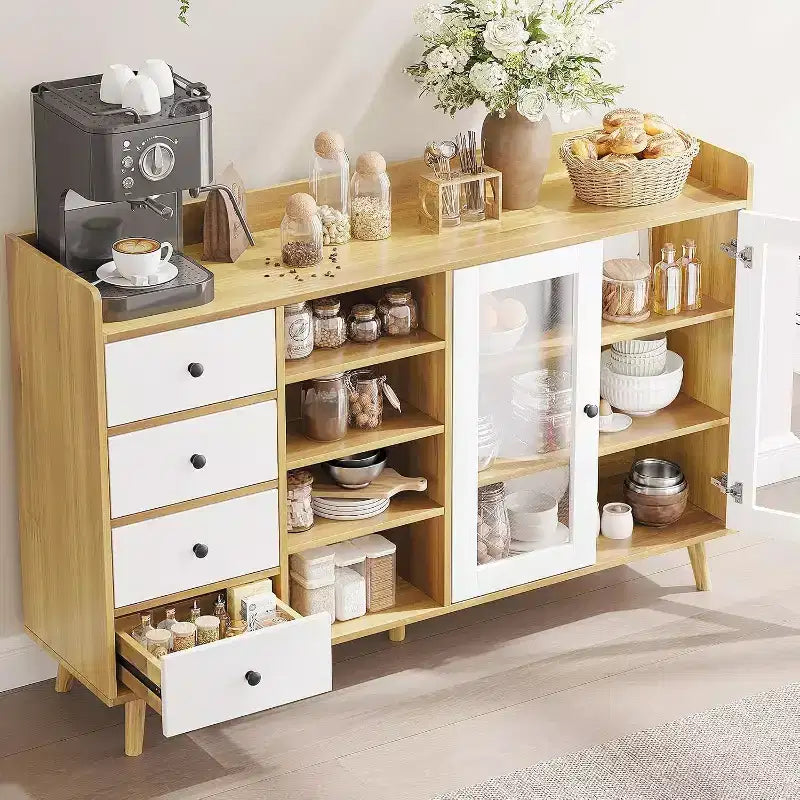 Noce / Colore legno | Mobile credenza con anta in vetro e cassetti | Montaggio 1 persona