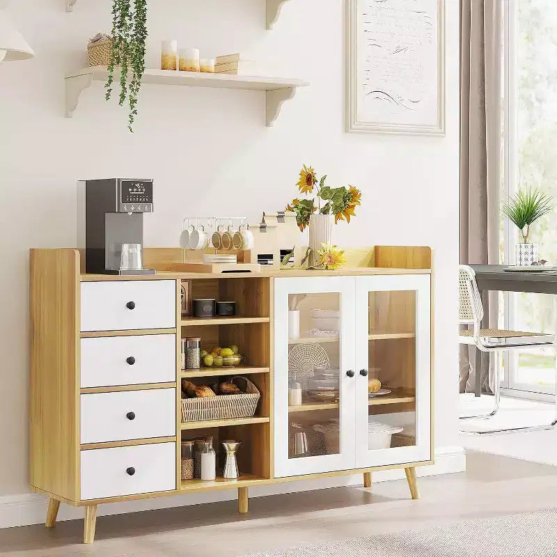 Noce / Colore legno | Mobile credenza con anta in vetro e cassetti | Montaggio 1 persona