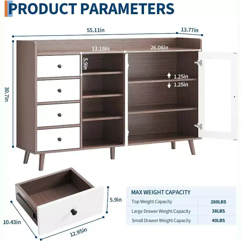 Noce / Colore legno | Mobile credenza con anta in vetro e cassetti | Montaggio 1 persona