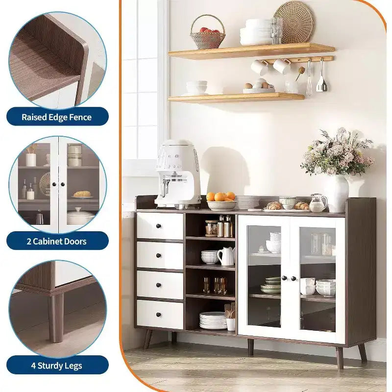 Noce / Colore legno | Mobile credenza con anta in vetro e cassetti | Montaggio 1 persona