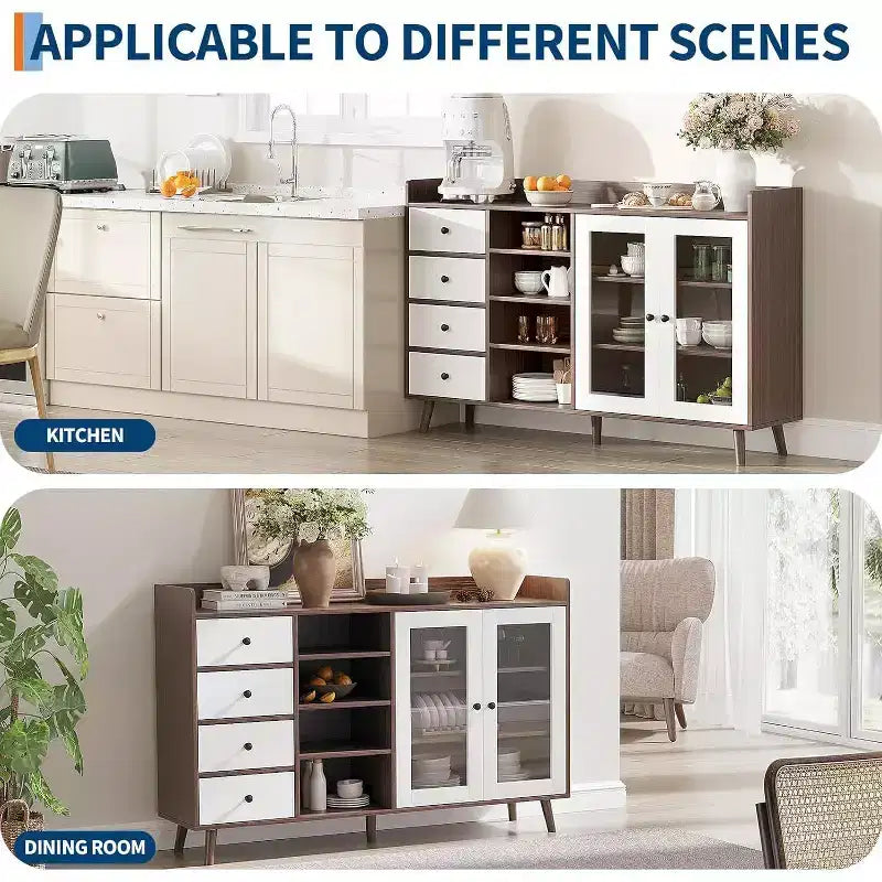 Noce / Colore legno | Mobile credenza con anta in vetro e cassetti | Montaggio 1 persona
