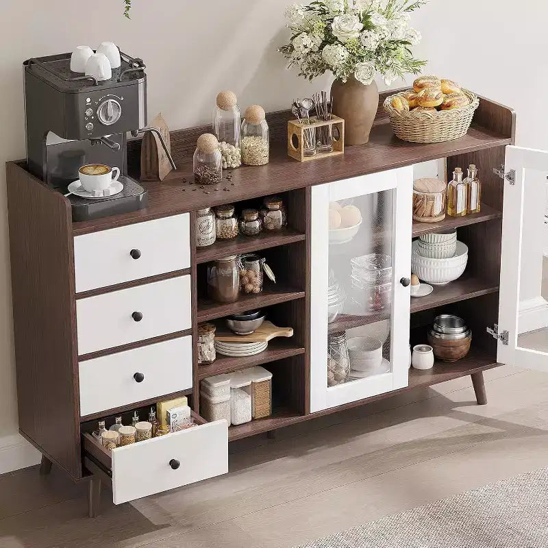 Noce / Colore legno | Mobile credenza con anta in vetro e cassetti | Montaggio 1 persona