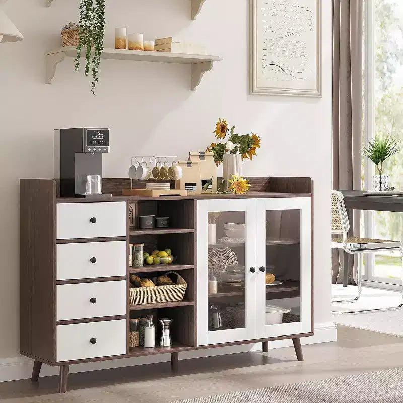 Noce / Colore legno | Mobile credenza con anta in vetro e cassetti | Montaggio 1 persona