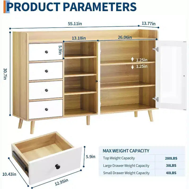 Noce / Colore legno | Mobile credenza con anta in vetro e cassetti | Montaggio 1 persona