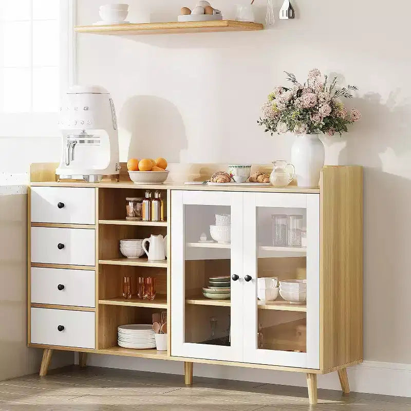Noce / Colore legno | Mobile credenza con anta in vetro e cassetti | Montaggio 1 persona
