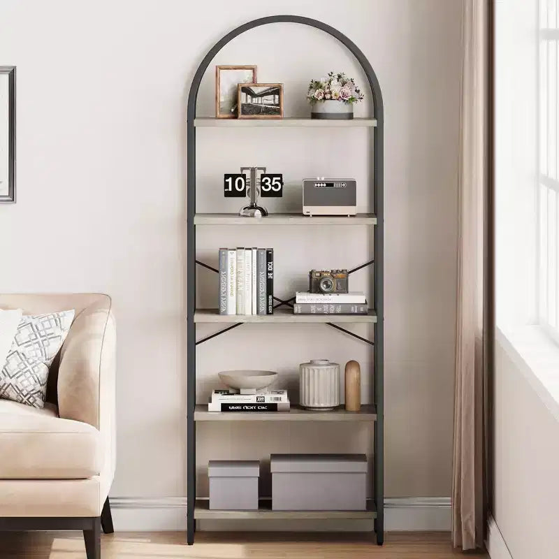 Libreria ad arco a 5 ripiani Coolmee, Scaffale espositivo alto, Libreria grande in legno per camera da letto, soggiorno, ufficio