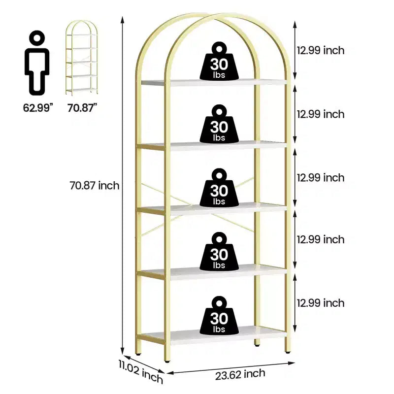 Libreria ad arco a 5 ripiani Coolmee, Scaffale espositivo alto, Libreria grande in legno per camera da letto, soggiorno, ufficio