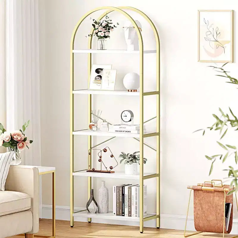 Libreria ad arco a 5 ripiani Coolmee, Scaffale espositivo alto, Libreria grande in legno per camera da letto, soggiorno, ufficio