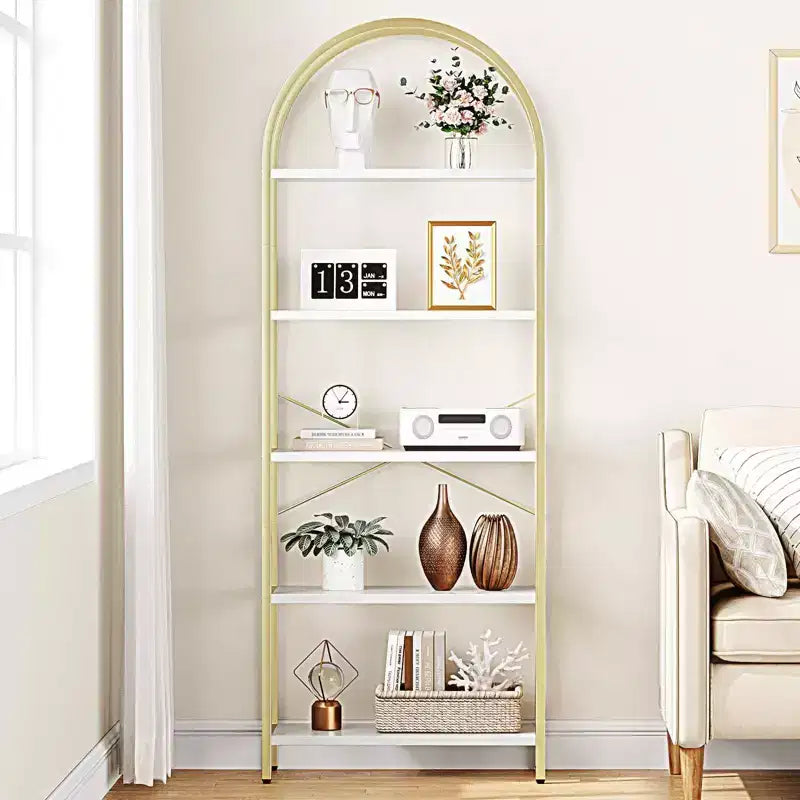 Libreria ad arco a 5 ripiani Coolmee, Scaffale espositivo alto, Libreria grande in legno per camera da letto, soggiorno, ufficio