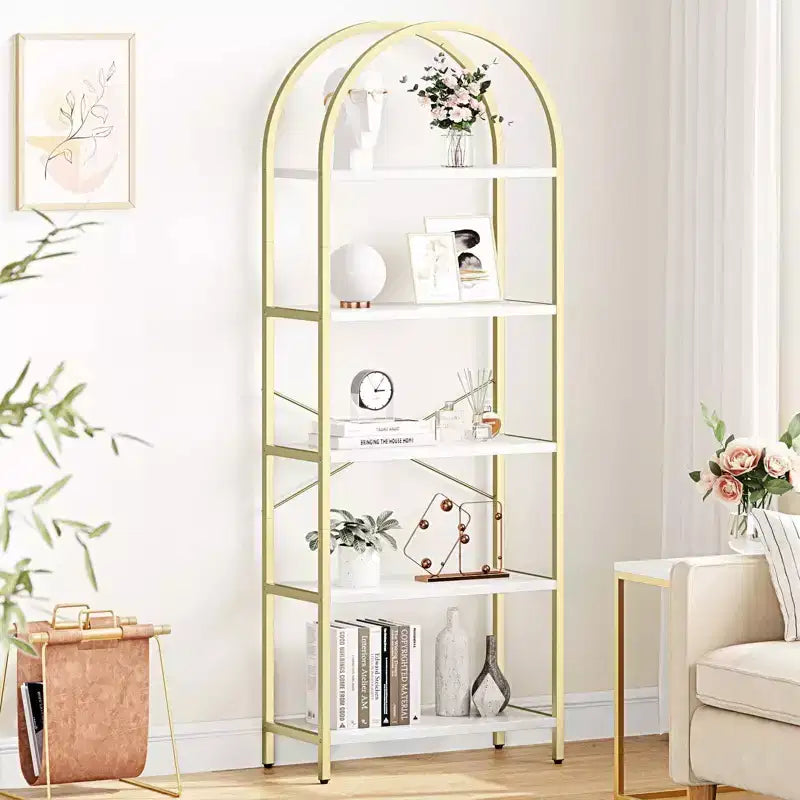Libreria ad arco a 5 ripiani Coolmee, Scaffale espositivo alto, Libreria grande in legno per camera da letto, soggiorno, ufficio