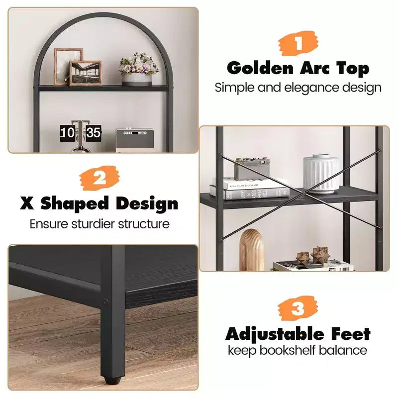 Libreria ad arco a 5 ripiani Coolmee, Scaffale espositivo alto, Libreria grande in legno per camera da letto, soggiorno, ufficio