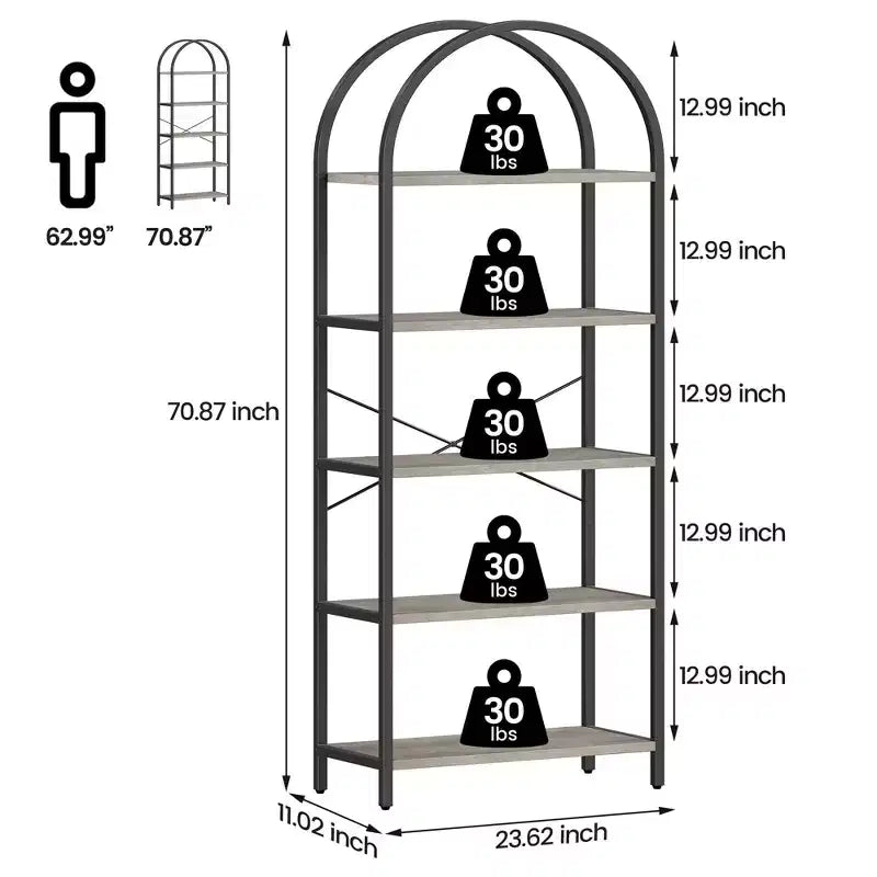 Libreria ad arco a 5 ripiani Coolmee, Scaffale espositivo alto, Libreria grande in legno per camera da letto, soggiorno, ufficio
