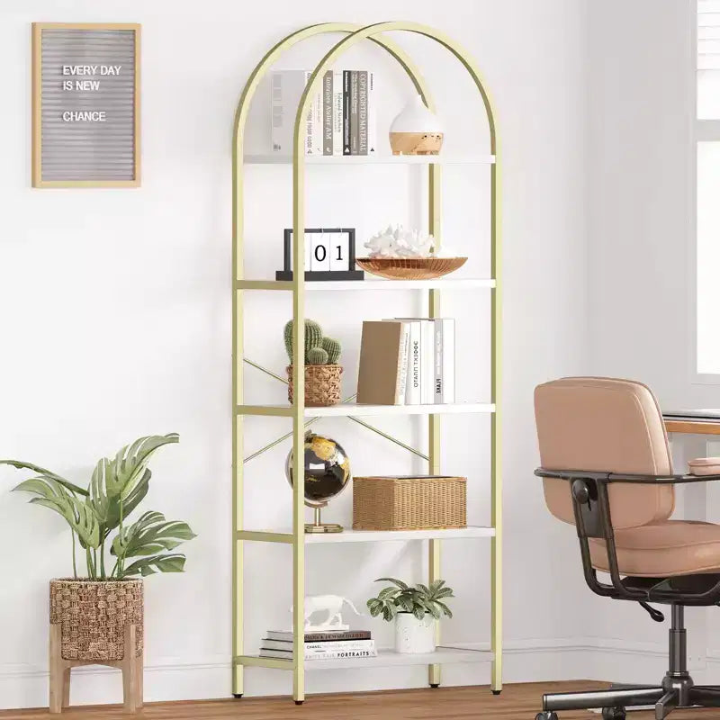 Libreria ad arco a 5 ripiani Coolmee, Scaffale espositivo alto, Libreria grande in legno per camera da letto, soggiorno, ufficio