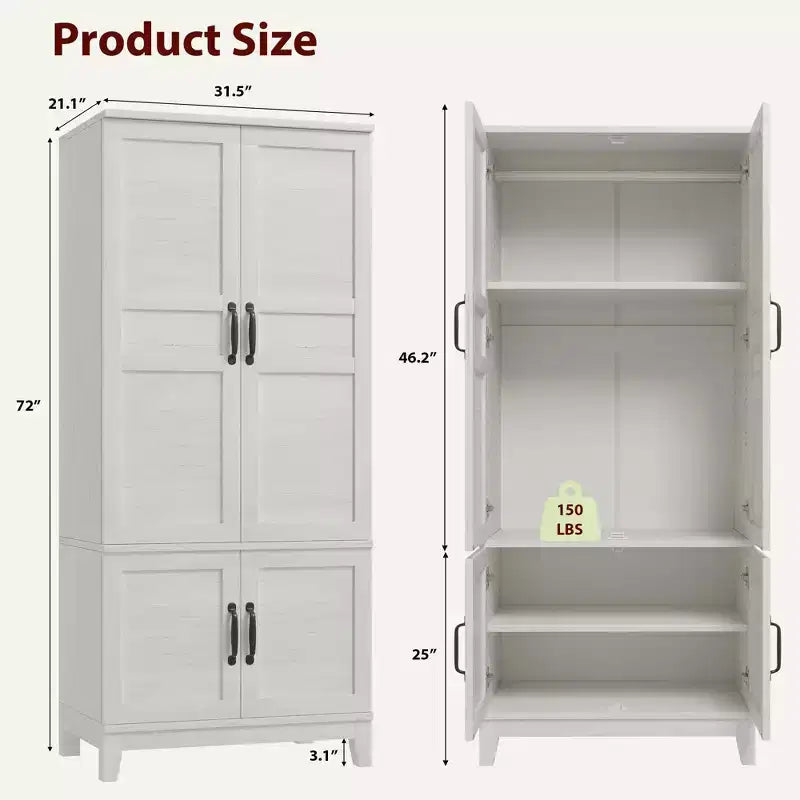 Armadio autonomo rustico bianco/noce marrone, 4 ante, 183 cm di altezza, 1 persona