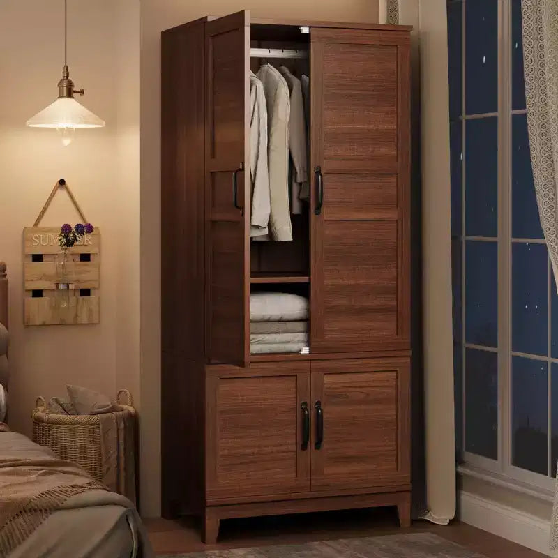 Armadio autonomo rustico bianco/noce marrone, 4 ante, 183 cm di altezza, 1 persona
