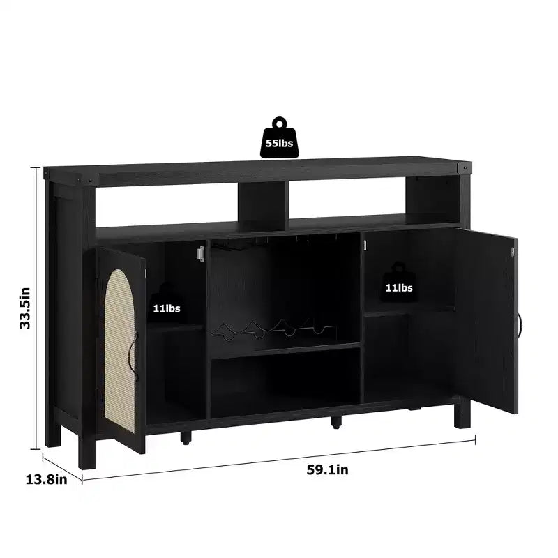 Mobile Bar Nero in Rattan e Legno con Cassetti e Ripiani Regolabili, 1 Persona, 150 cm