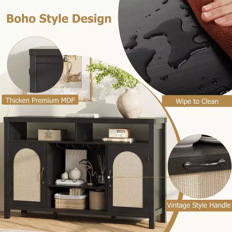 Mobile Bar Nero in Rattan e Legno con Cassetti e Ripiani Regolabili, 1 Persona, 150 cm