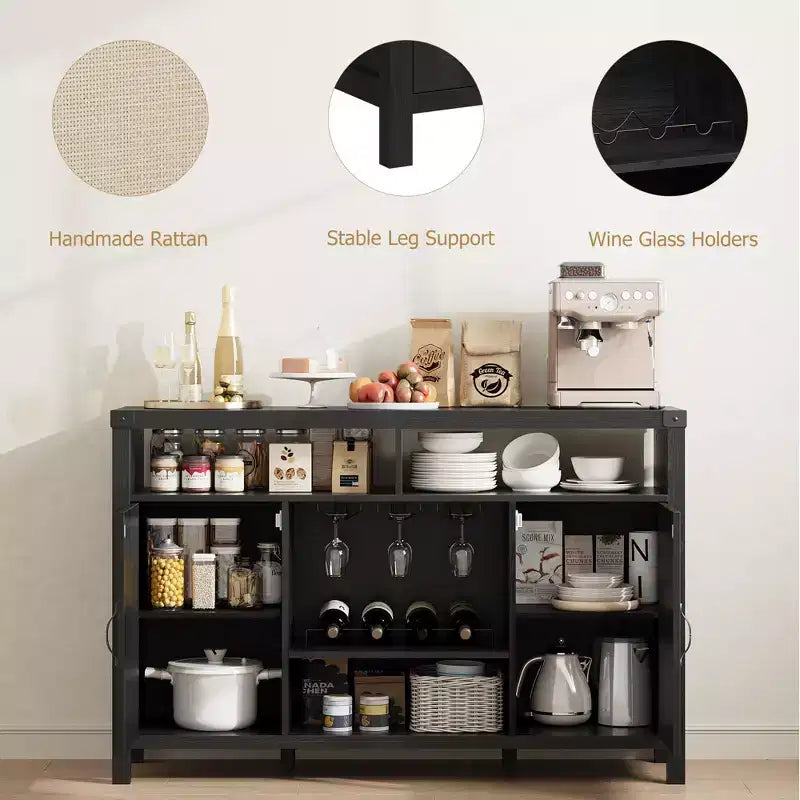 Mobile Bar Nero in Rattan e Legno con Cassetti e Ripiani Regolabili, 1 Persona, 150 cm