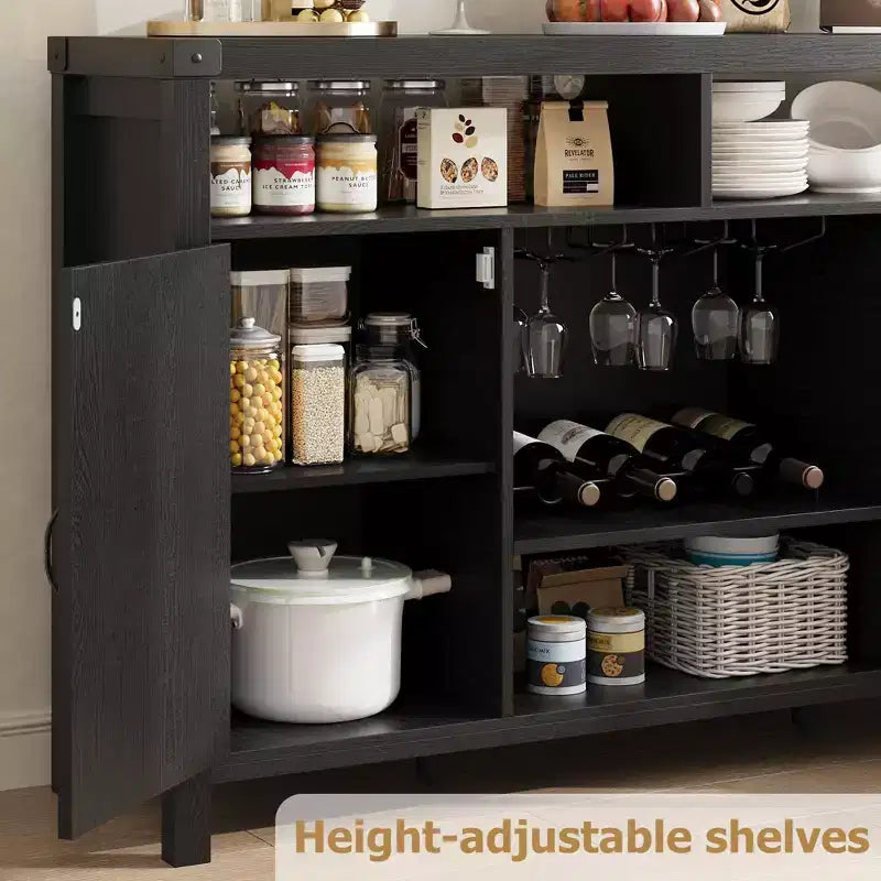 Mobile Bar Nero in Rattan e Legno con Cassetti e Ripiani Regolabili, 1 Persona, 150 cm