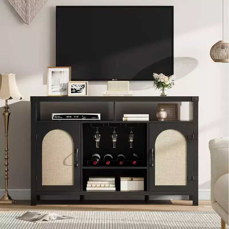 Mobile Bar Nero in Rattan e Legno con Cassetti e Ripiani Regolabili, 1 Persona, 150 cm