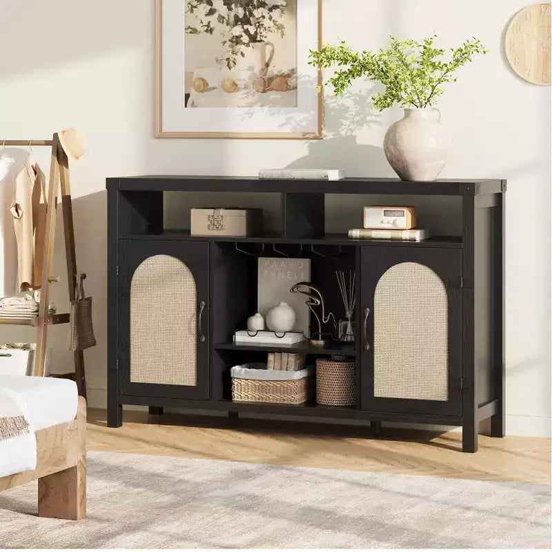 Mobile Bar Nero in Rattan e Legno con Cassetti e Ripiani Regolabili, 1 Persona, 150 cm