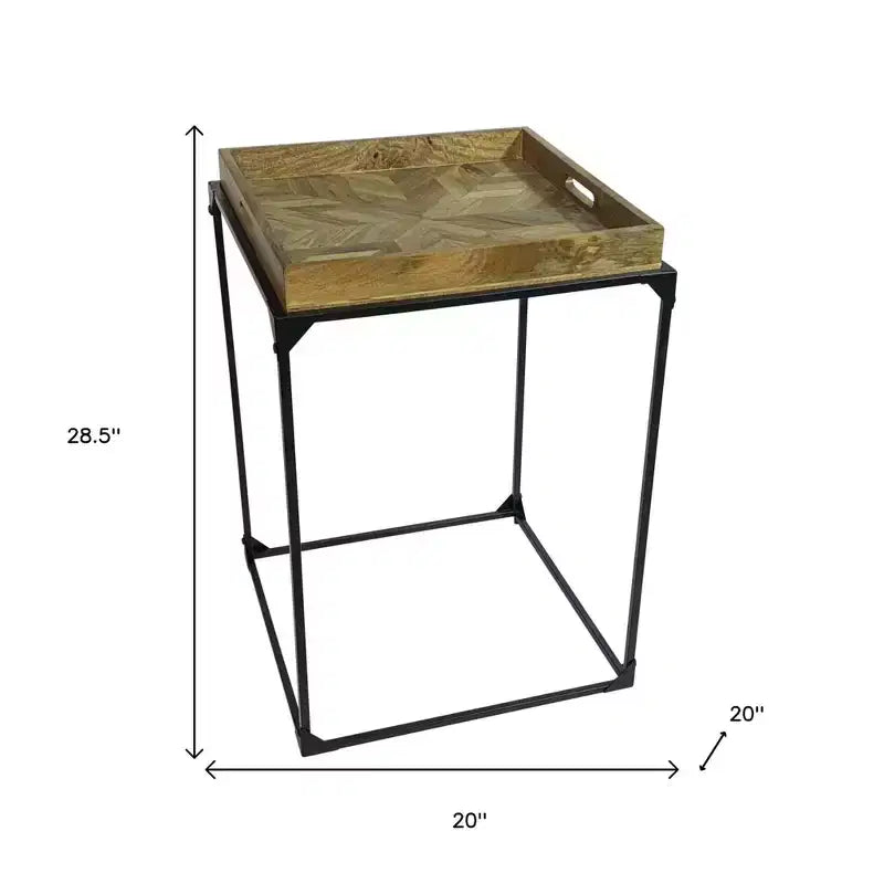 Tavolino Quadrato, Piano in Legno Marrone e Struttura in Ferro Nero, 1 Pezzo