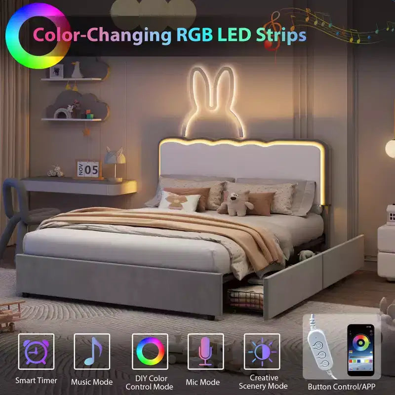 Base letto matrimoniale Blue Velvet Queen con LED e cassetti portaoggetti, testiera ondulata regolabile, per 1 persona