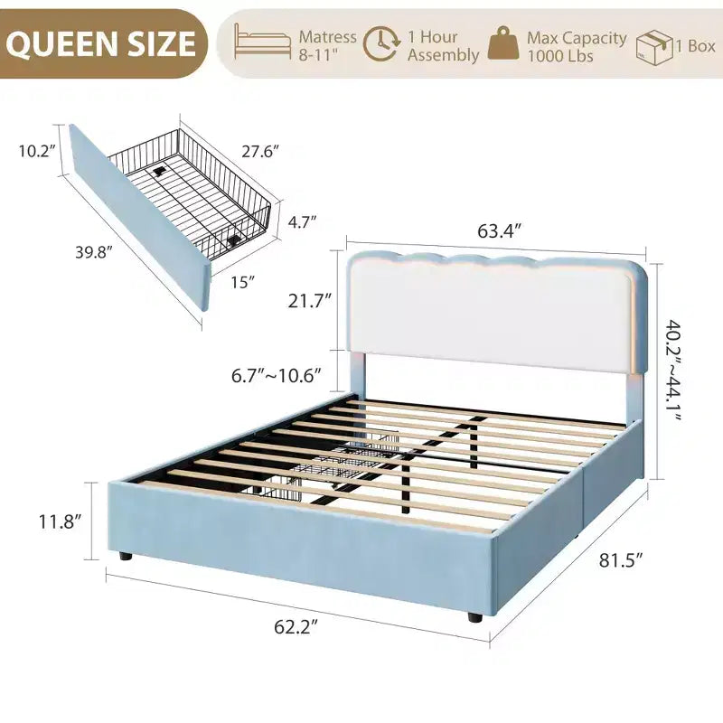 Base letto matrimoniale Blue Velvet Queen con LED e cassetti portaoggetti, testiera ondulata regolabile, per 1 persona