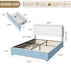 Struttura letto matrimoniale queen size blu in velluto con LED e cassetti contenitore, testiera ondulata regolabile, per 1 persona