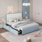 Struttura letto matrimoniale queen size blu in velluto con LED e cassetti contenitore, testiera ondulata regolabile, per 1 persona