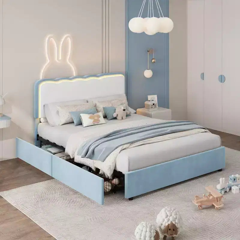 Base letto matrimoniale Blue Velvet Queen con LED e cassetti portaoggetti, testiera ondulata regolabile, per 1 persona
