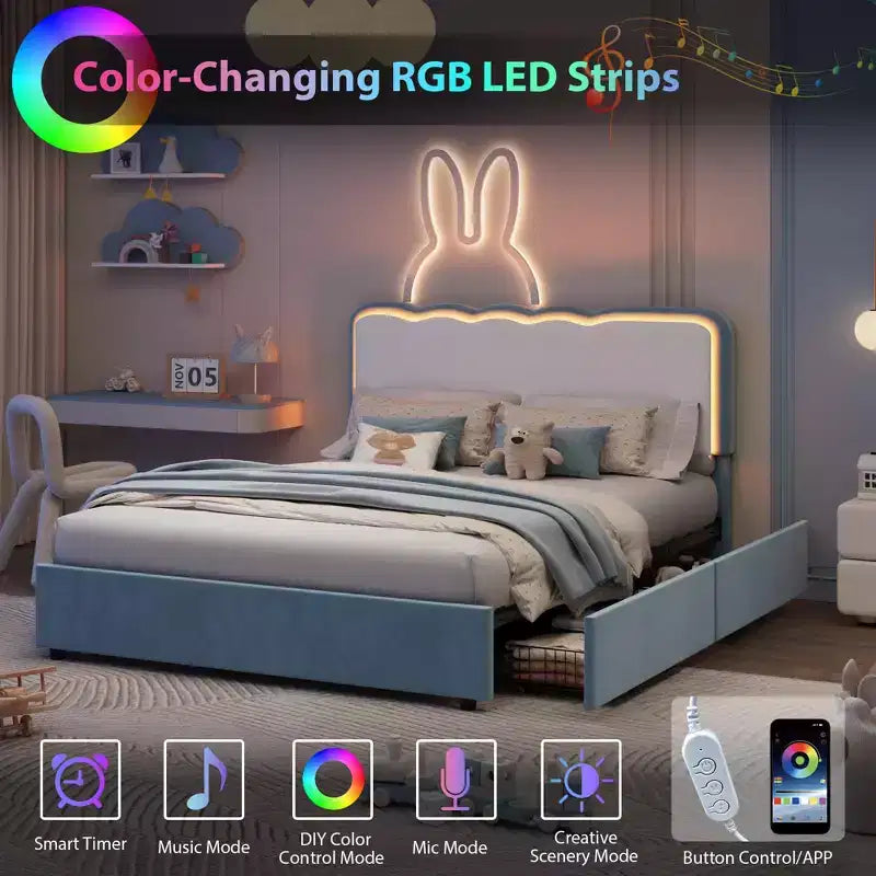 Base letto matrimoniale Blue Velvet Queen con LED e cassetti portaoggetti, testiera ondulata regolabile, per 1 persona