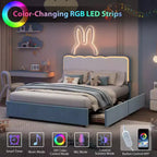 Struttura letto matrimoniale queen size blu in velluto con LED e cassetti contenitore, testiera ondulata regolabile, per 1 persona