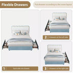 Struttura letto matrimoniale queen size blu in velluto con LED e cassetti contenitore, testiera ondulata regolabile, per 1 persona
