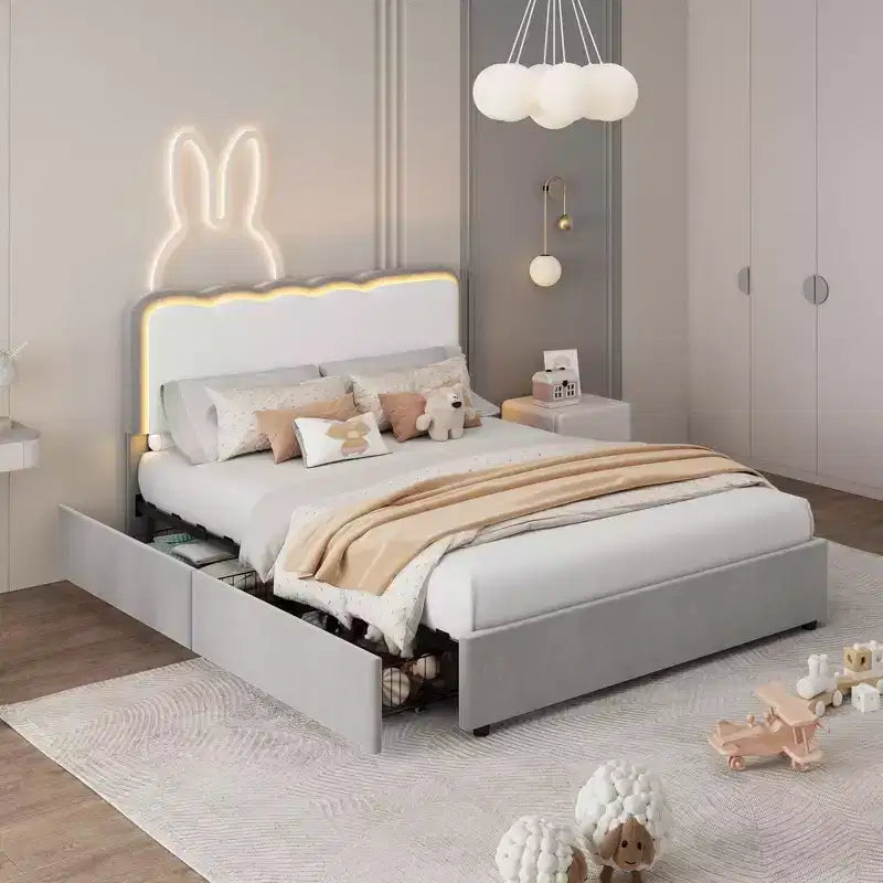 Base letto matrimoniale Blue Velvet Queen con LED e cassetti portaoggetti, testiera ondulata regolabile, per 1 persona