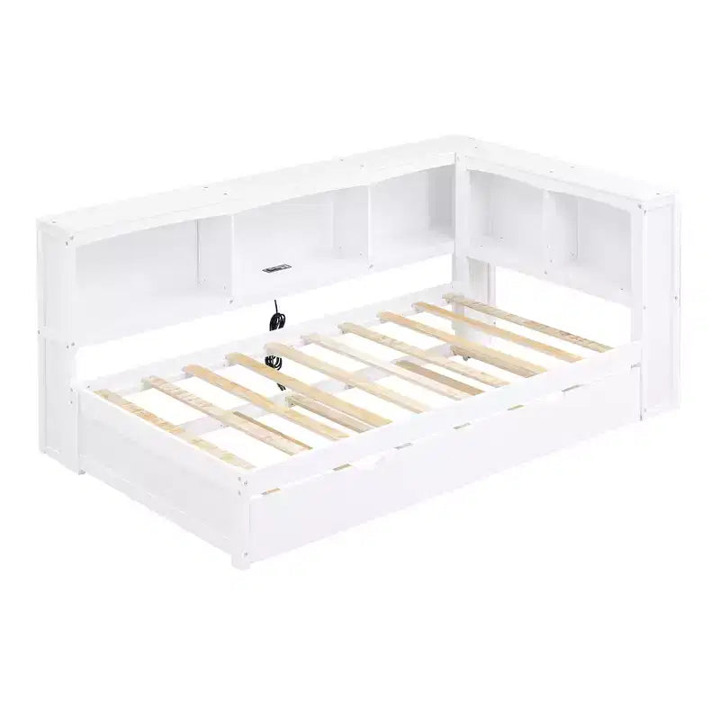 Letto a giorno matrimoniale bianco con letto estraibile, contenitore e porte USB – Posti letto 2