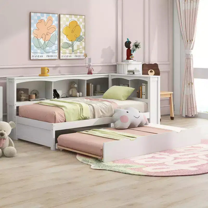 Letto a giorno matrimoniale bianco con letto estraibile, contenitore e porte USB – Posti letto 2
