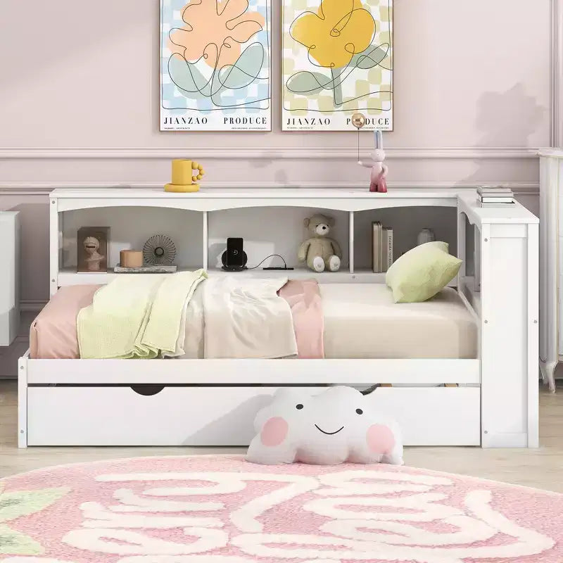 Letto a giorno matrimoniale bianco con letto estraibile, contenitore e porte USB – Posti letto 2