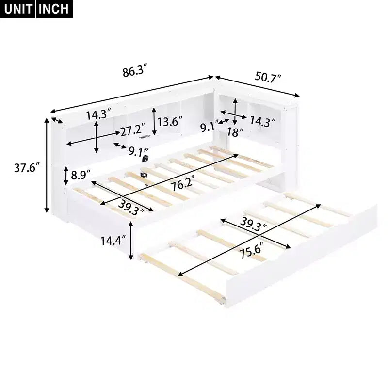 Letto a giorno matrimoniale bianco con letto estraibile, contenitore e porte USB – Posti letto 2