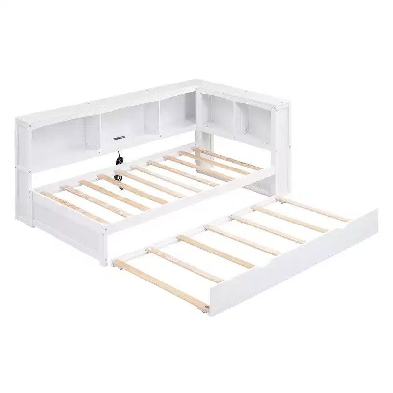 Letto a giorno matrimoniale bianco con letto estraibile, contenitore e porte USB – Posti letto 2