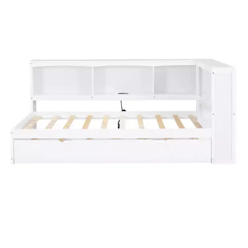 Letto a giorno matrimoniale bianco con letto estraibile, contenitore e porte USB – Posti letto 2