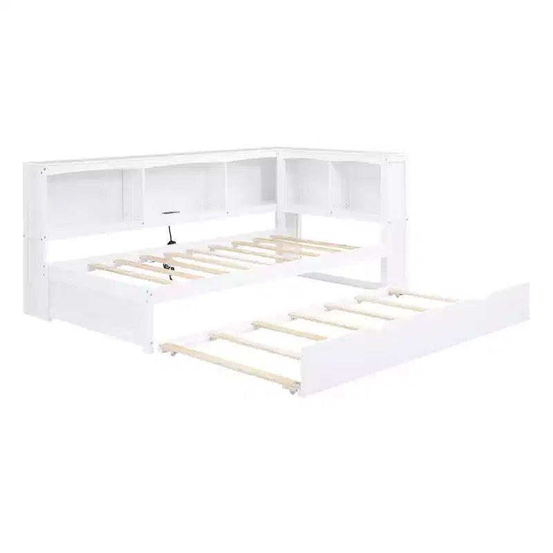 Letto a giorno matrimoniale bianco con letto estraibile, contenitore e porte USB – Posti letto 2