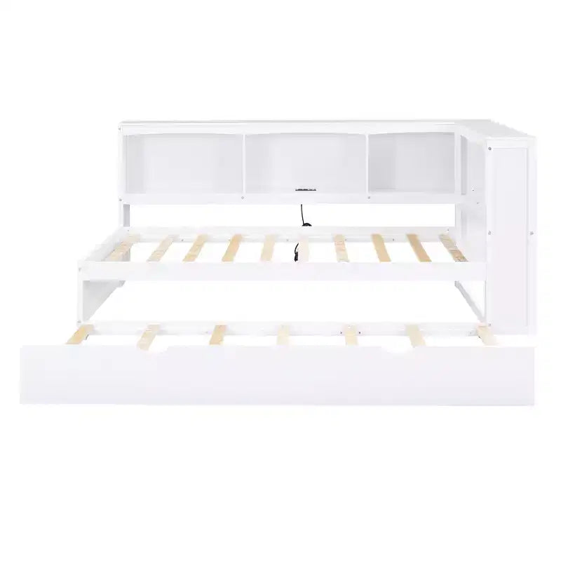Letto a giorno matrimoniale bianco con letto estraibile, contenitore e porte USB – Posti letto 2